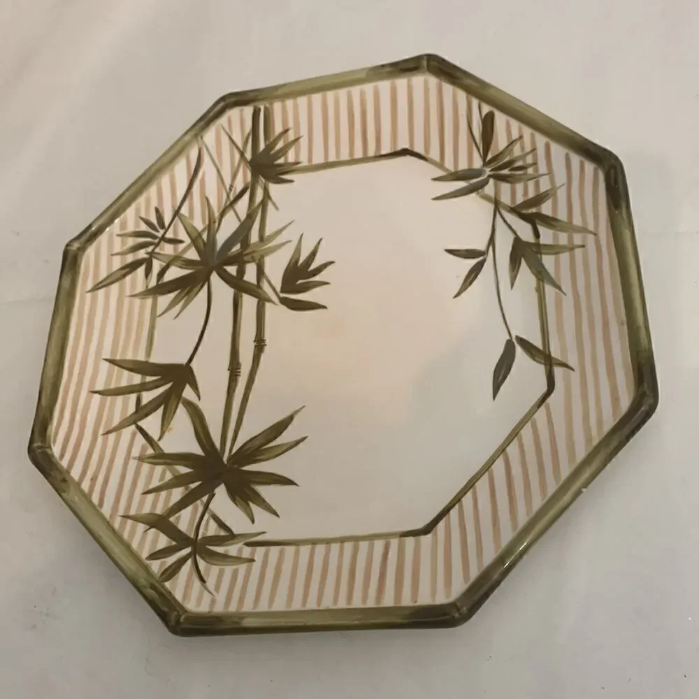 Waverly Bamboo Stalk Plant Plate Green Tan 11 Inches Octagon Serving Platter